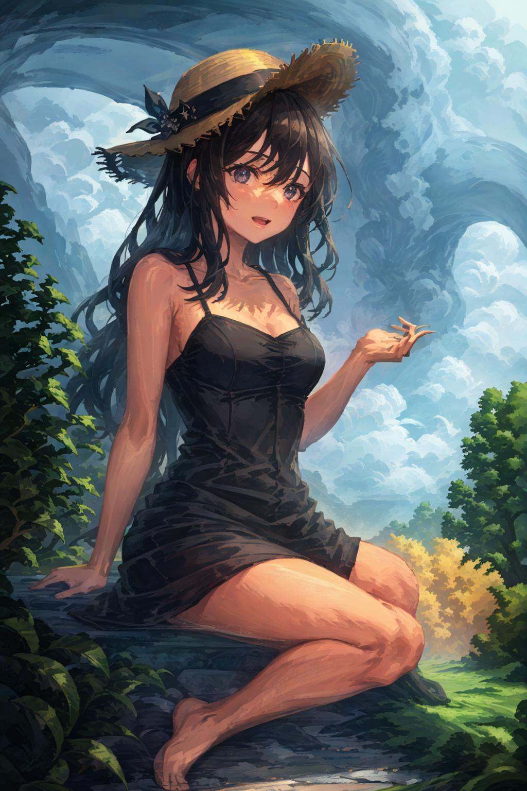 finely detail, Depth of field,(((masterpiece))),((extremely detailed CG unity 8k wallpaper)),best quality, high resolution illustration,Amazing,highres,intricate detail,(best illumination, best shadow, an extremely delicate and beautiful), 1girl, hat,solo,white hair, long_hair, barefoot, bare_legs, bare_shoulders, sleeveless,hat_flower,straw_hat,white sundress,straw hat, looking_at_viewer, Lilac eyes,Lovely face,open one's mouth,middle finger,show the middle finger,(((Tyndall effect))),dappled sunlight,cloud, flower, autumn_leaves, outdoors,  autumn, blue_sky, leaf, sunset,  cloudy_sky, burning, owl, maple_leaf,tulips