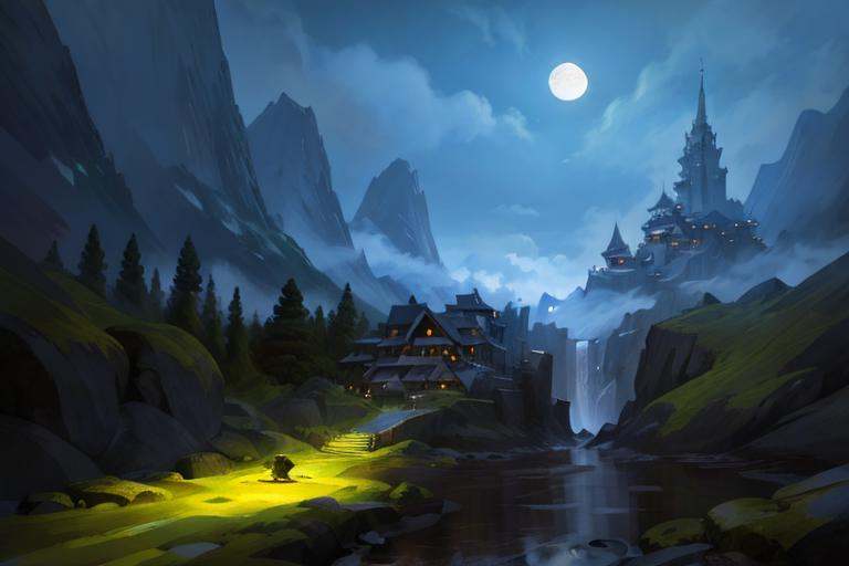 masterpiece,best quality,water fall in the moon light,rock, mountain ,Japan forest ,foggy, background, atmosphere,Wabi sabi ruins ,dramatic lighting,HDR, maximum detail ,ultra realistic;