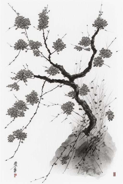 no humans, tree, mountain, bird, scenery, outdoors, branch, sky, cherry blossoms, monochrome, fog, spot color
