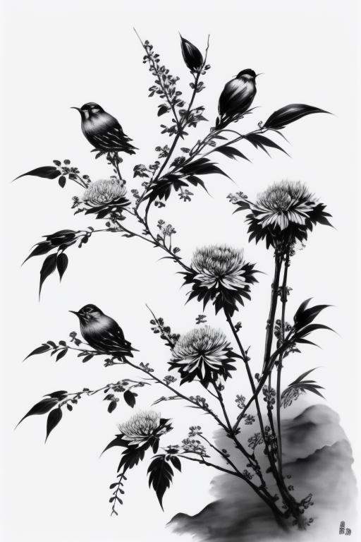 no humans, bird, branch, monochrome, chinese text, greyscale, tree, animal focus, white background, flower, fog, animal, leaf
