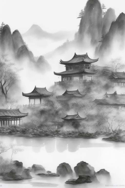 no humans, tree, architecture, east asian architecture, scenery, building, white background, fog, outdoors
