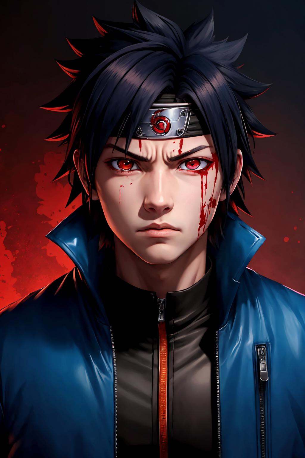 uchiha sasuke, 1boy, solo, male focus, heterochromia, black hair, blue eyes, spiked hair, looking at viewer, red eyes, closed mouth, hair between eyes, blood on face, glowing, serious, blood, orange eyes, portrait, frown,sharingan