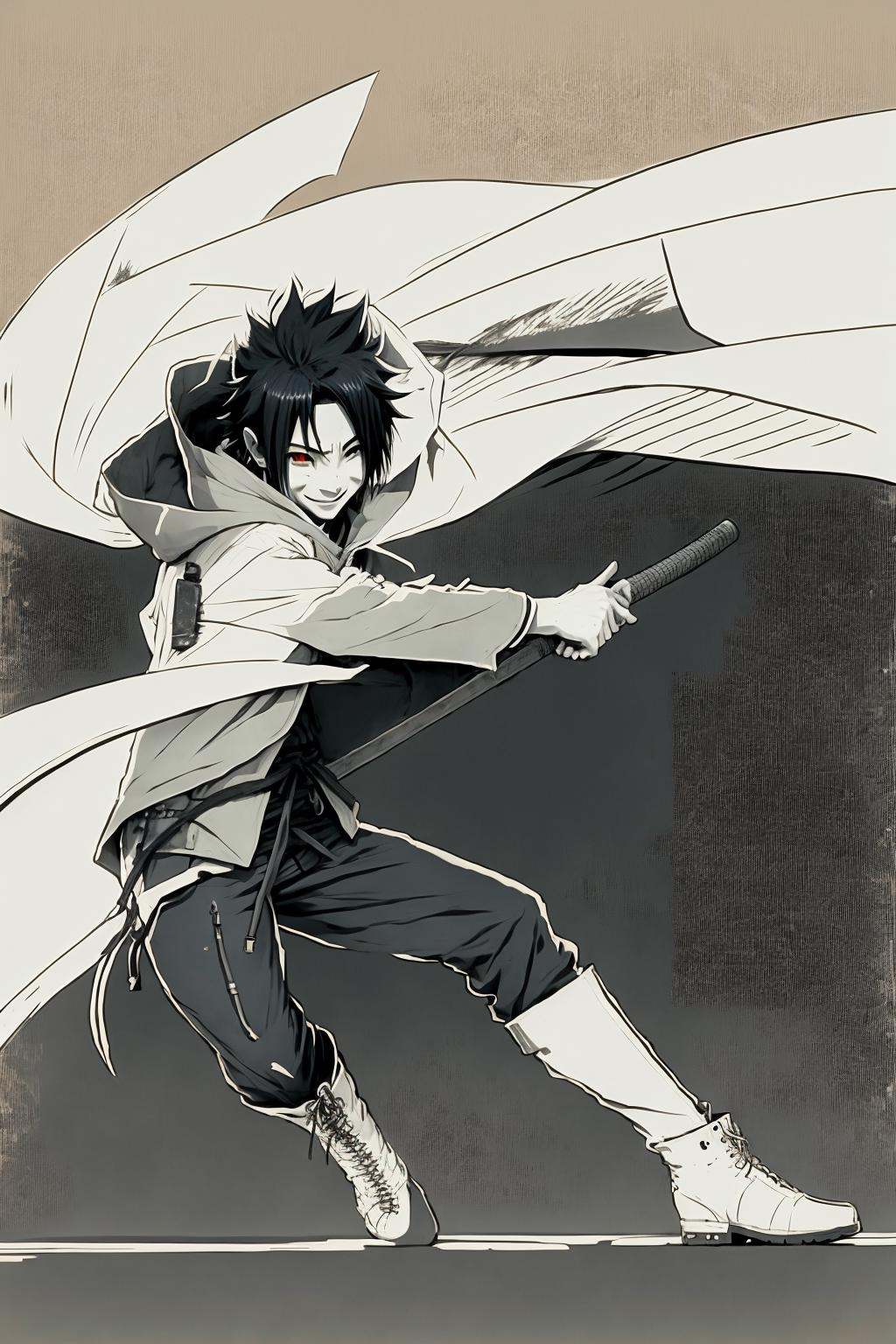 uchiha sasuke,1boy, red eyes,red cape,blue jacket,boots, closed_eyes, greyscale, holding, long_sleeves, male_focus, monochrome, pants, simple_background, sketch, smile, solo, sword, weapon, ninja, sharingan,bamboo forest, 