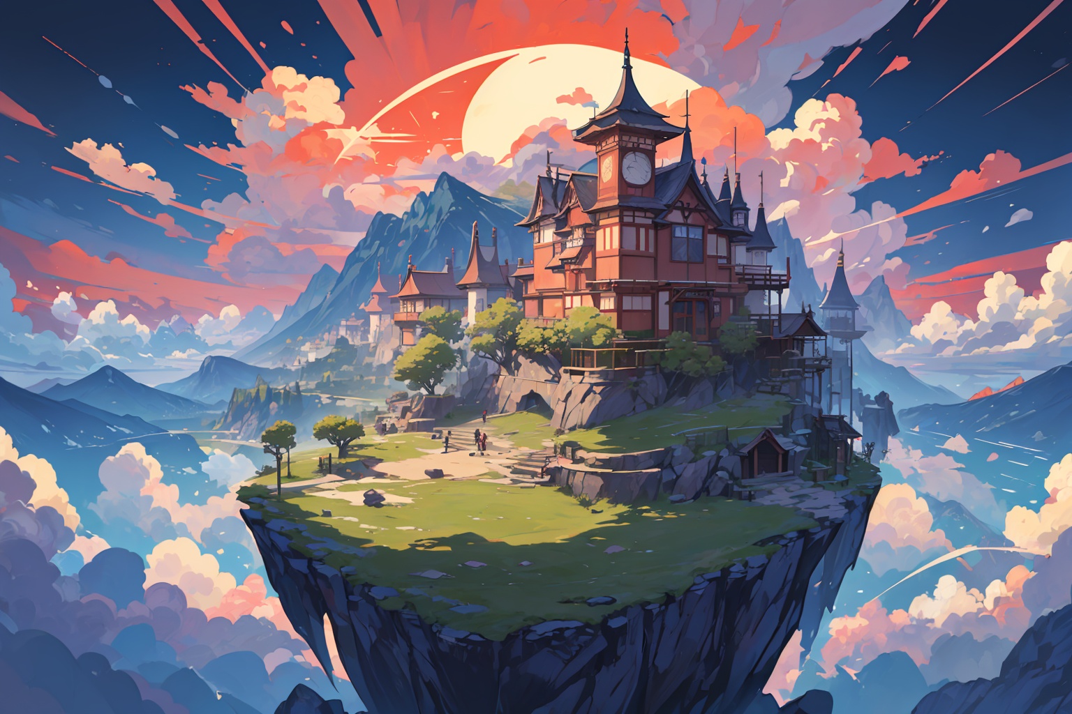 DVD screengrab from studio ghibli movie,  beautiful countryside houses with mountains in the background with a pathway lea...