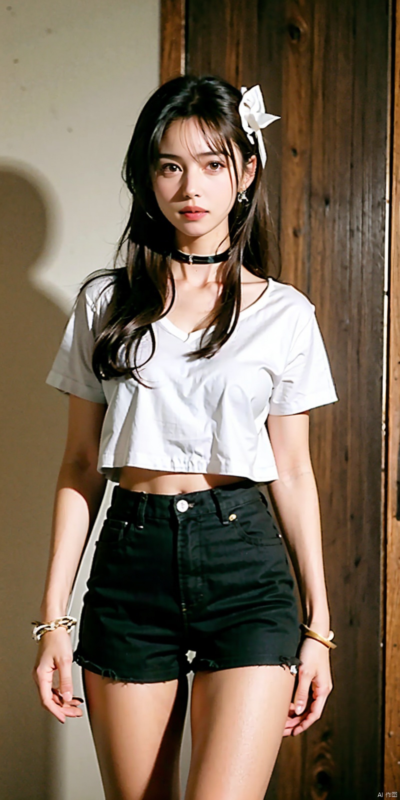  nai3, 1girl, peafect body,shorts, solo, black shorts, choker, blue eyes, black hair, shirt, , looking at viewer, white shirt, jewelry, cowboy shot, , short shorts, , black choker, thighs, stomach, long hair, bracelet, short sleeves, ribbon, collarbone, hair ribbon, standing, high-waist shorts, 
dolphin shorts, , closed mouth, hair ornament, 
, bangs, necklace, kind smile,,molika,brown-hair