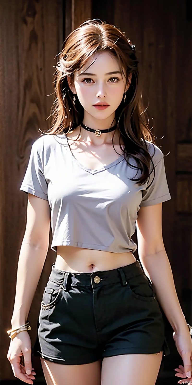  nai3, 1girl, peafect body,shorts, solo, black shorts, choker, blue eyes, black hair, shirt, , looking at viewer, white shirt, jewelry, cowboy shot, , short shorts, , black choker, thighs, stomach, long hair, bracelet, short sleeves, ribbon, collarbone, hair ribbon, standing, high-waist shorts, 
dolphin shorts, , closed mouth, hair ornament, 
, bangs, necklace, kind smile,,molika,brown-hair