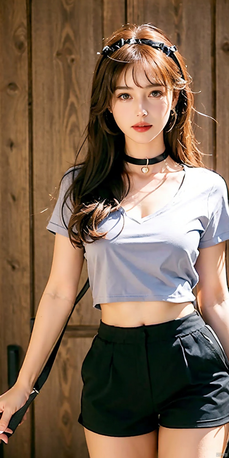  nai3, 1girl, peafect body,shorts, solo, black shorts, choker, blue eyes, black hair, shirt, , looking at viewer, white shirt, jewelry, cowboy shot, , short shorts, , black choker, thighs, stomach, long hair, bracelet, short sleeves, ribbon, collarbone, hair ribbon, standing, high-waist shorts, 
dolphin shorts, , closed mouth, hair ornament, 
, bangs, necklace, kind smile,,molika,brown-hair