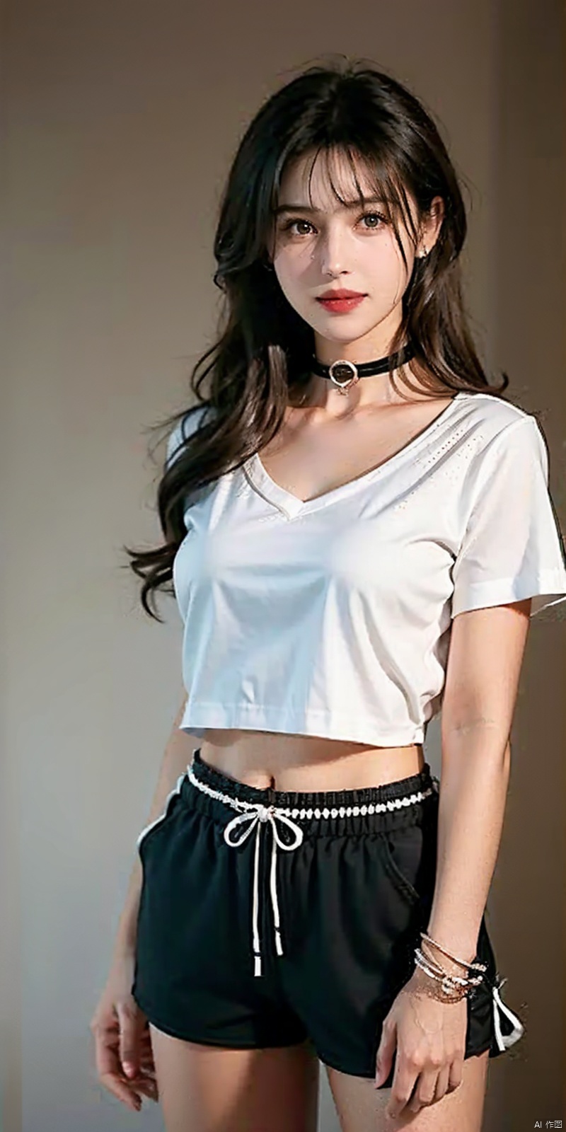  nai3, 1girl, peafect body,shorts, solo, black shorts, choker, blue eyes, black hair, shirt, , looking at viewer, white shirt, jewelry, cowboy shot, , short shorts, , black choker, thighs, stomach, long hair, bracelet, short sleeves, ribbon, collarbone, hair ribbon, standing, high-waist shorts, 
dolphin shorts, , closed mouth, hair ornament, 
, bangs, necklace, kind smile,,molika,brown-hair