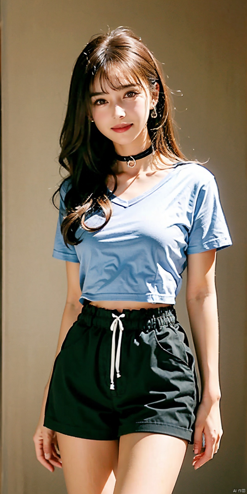  nai3, 1girl, peafect body,shorts, solo, black shorts, choker, blue eyes, black hair, shirt, , looking at viewer, white shirt, jewelry, cowboy shot, , short shorts, , black choker, thighs, stomach, long hair, bracelet, short sleeves, ribbon, collarbone, hair ribbon, standing, high-waist shorts, 
dolphin shorts, , closed mouth, hair ornament, 
, bangs, necklace, kind smile,,molika,brown-hair