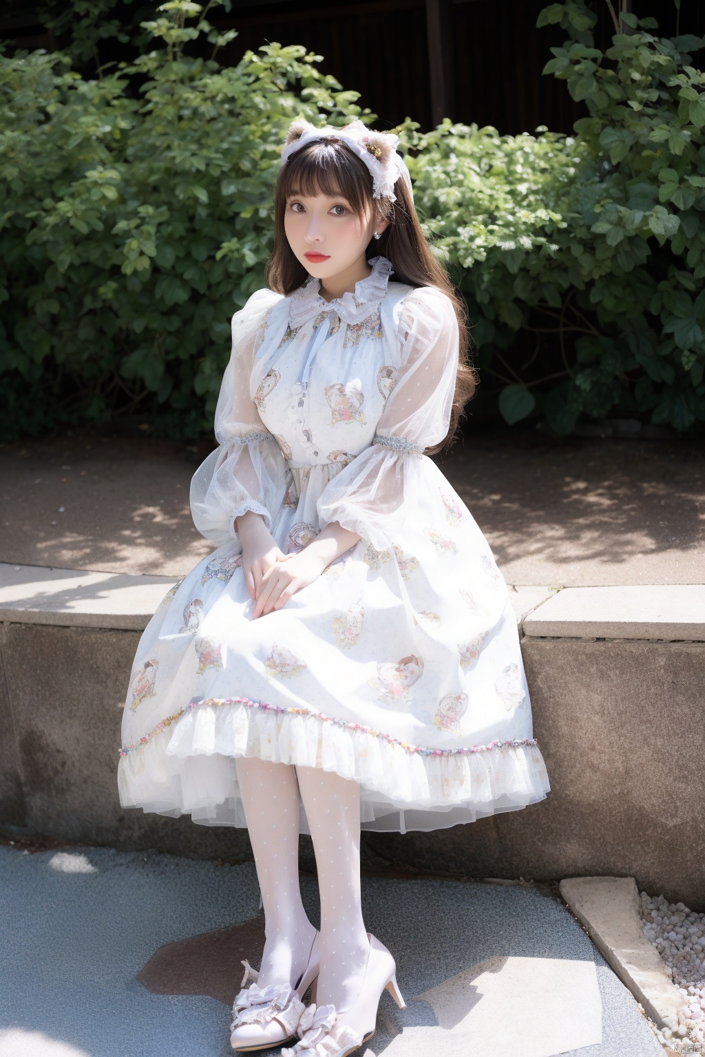  1girl,looking_at_viewer,lolanse,dress,lolanse_style dress,sitting, pantyhose, long hair, full body, outdoors,high heels, white pantyhose, frills, bangs, platform footwear, blush, see-through, ribbon, long sleeves,SUNLIGHT,