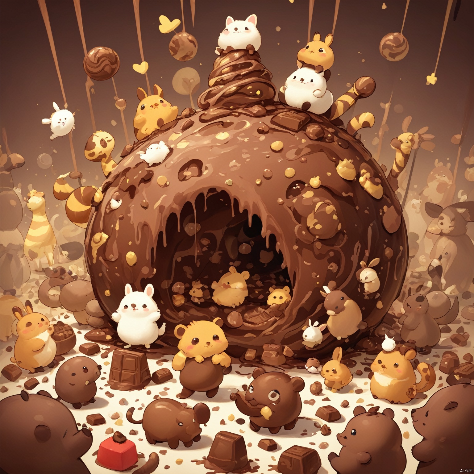 lots of animals, in a cartoon world,
 poakl chocolate style, (masterpiece), cute animal