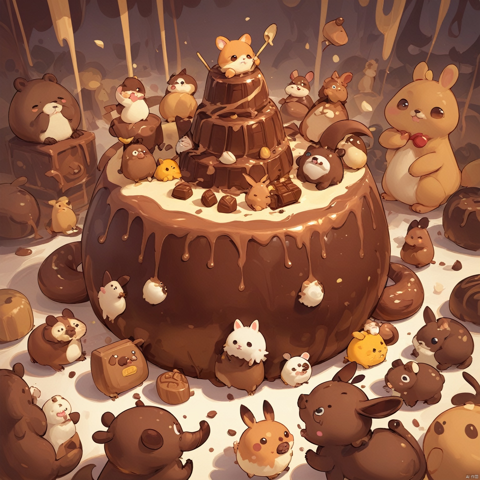 lots of animals, in a cartoon world,
 poakl chocolate style, (masterpiece), cute animal