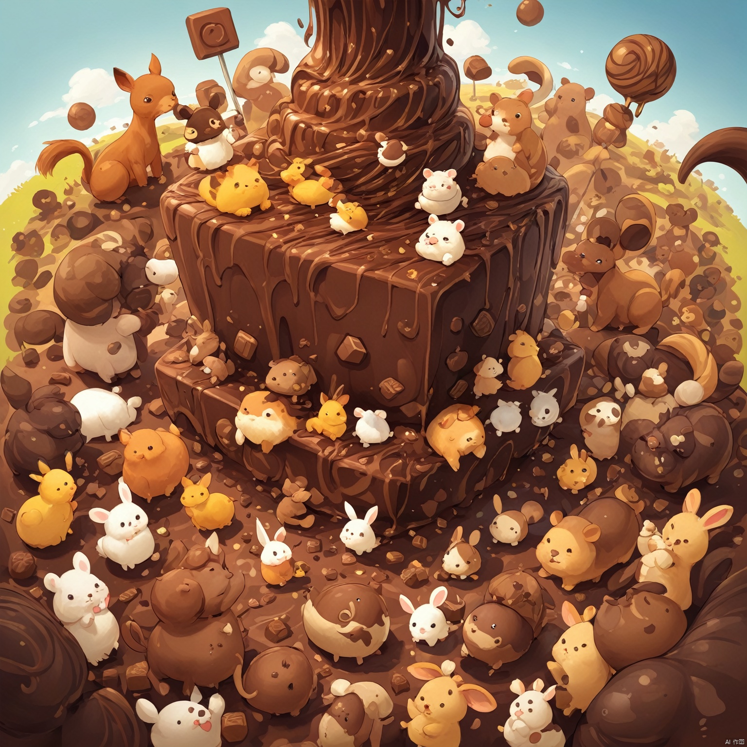 lots of animals, in a cartoon world,
 poakl chocolate style, (masterpiece), cute animal