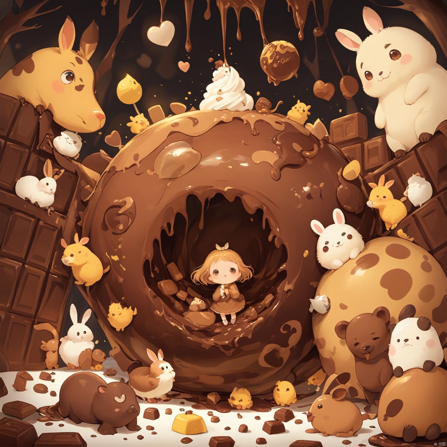 1 cute girl, lots of animals, in a cartoon world,
 poakl chocolate style, (masterpiece), cute animal, poakl chocolate style