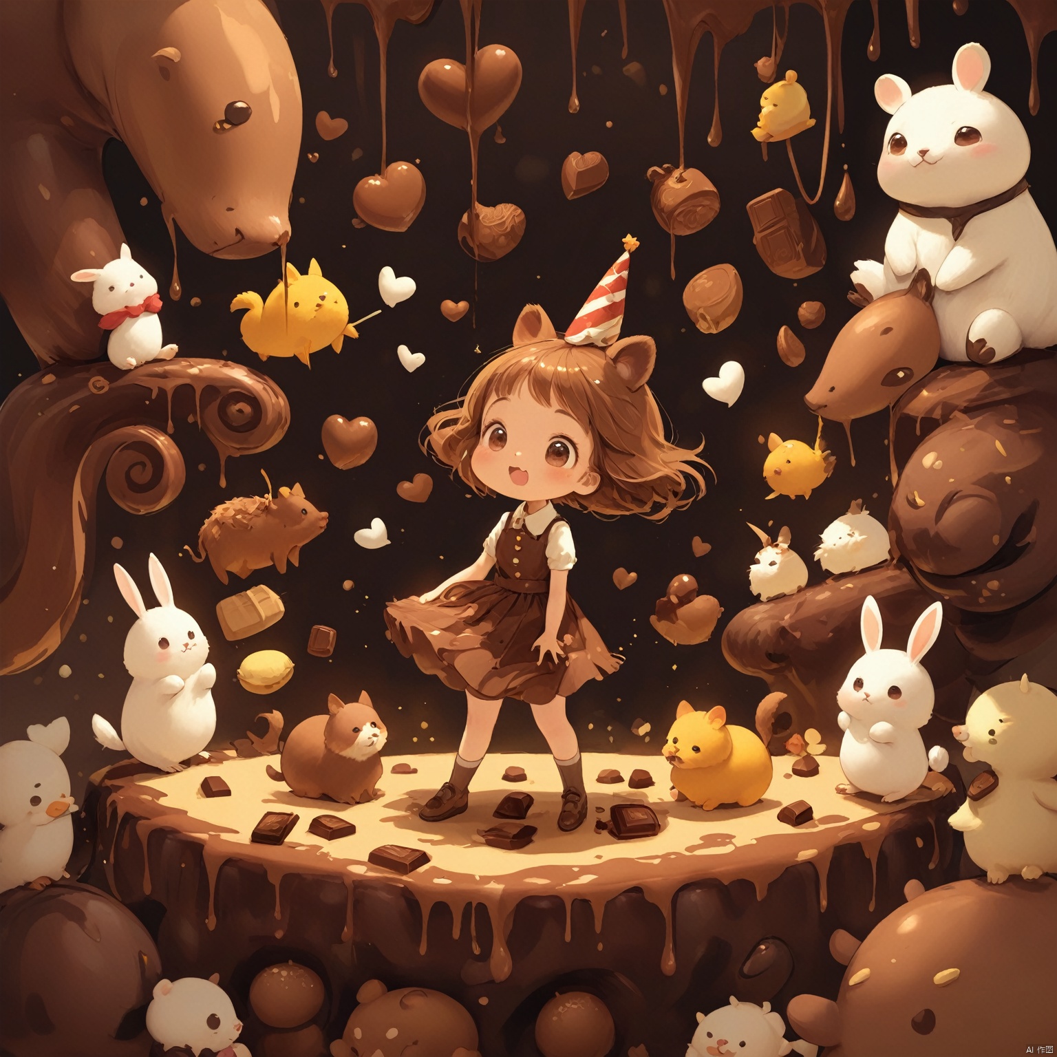 1 cute girl, lots of animals, in a cartoon world,
 poakl chocolate style, (masterpiece), cute animal, poakl chocolate style