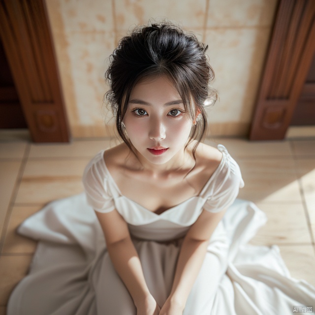 1girl,from above,,room,white dress,portrait,, masterpiece,best quality,ultra-detailed,
