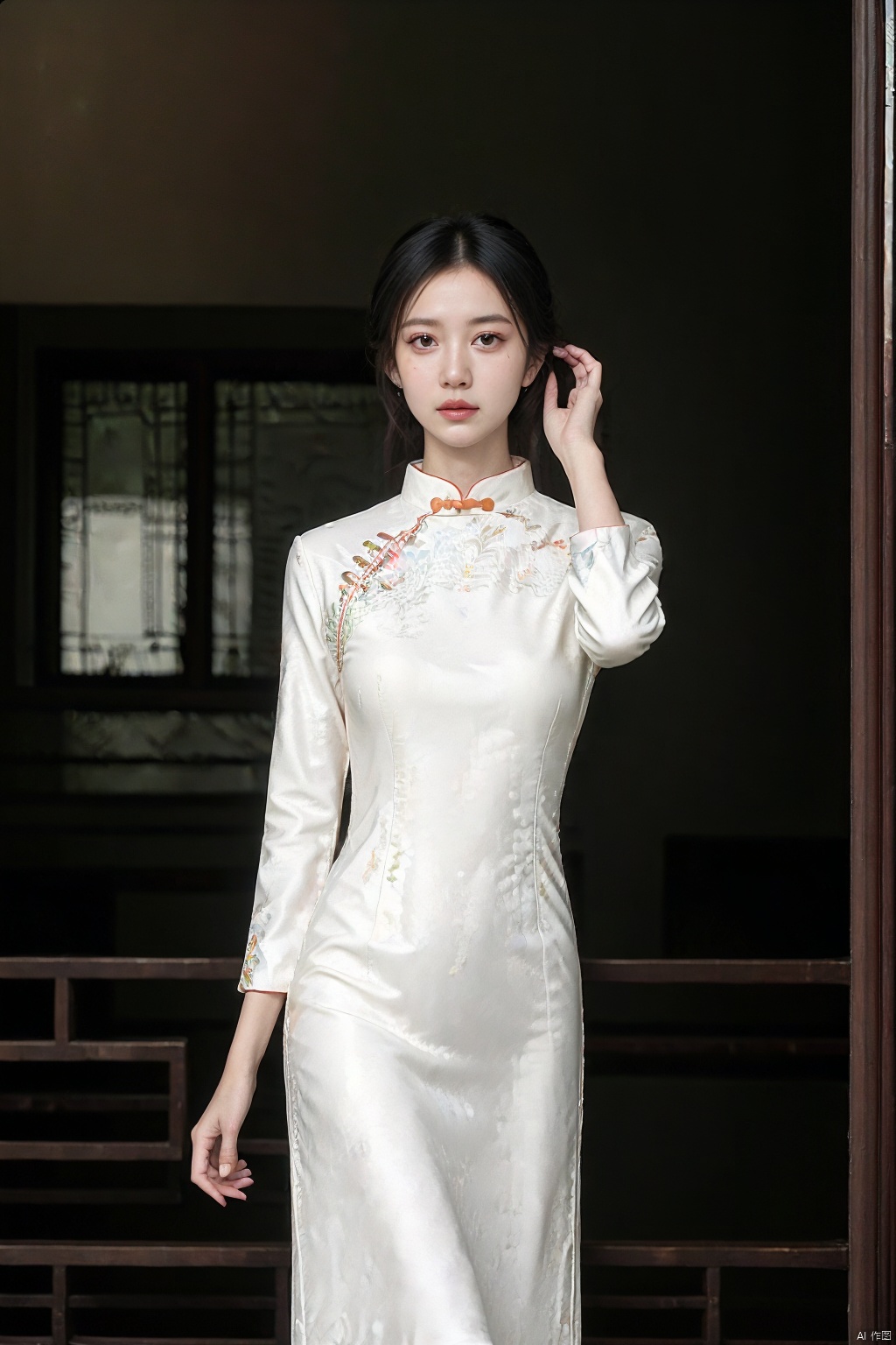 (global illumination, reality,ray tracing, HDR, unreal rendering, reasonable design, high detail, masterpiece,best quality, ultra high definition, movie lighting),
1girl,outdoor,looking_at_viewer,side_blunt_bangs,china_dress,chinese_style,big breasts,pose,solo,1girl,black hair,black eyes,  cheongsam