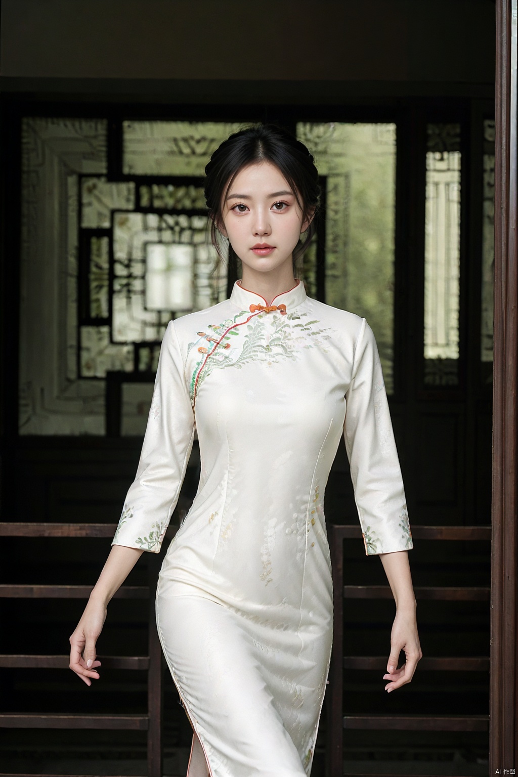 (global illumination, reality,ray tracing, HDR, unreal rendering, reasonable design, high detail, masterpiece,best quality, ultra high definition, movie lighting),
1girl,outdoor,looking_at_viewer,side_blunt_bangs,china_dress,chinese_style,big breasts,pose,solo,1girl,black hair,black eyes,  cheongsam