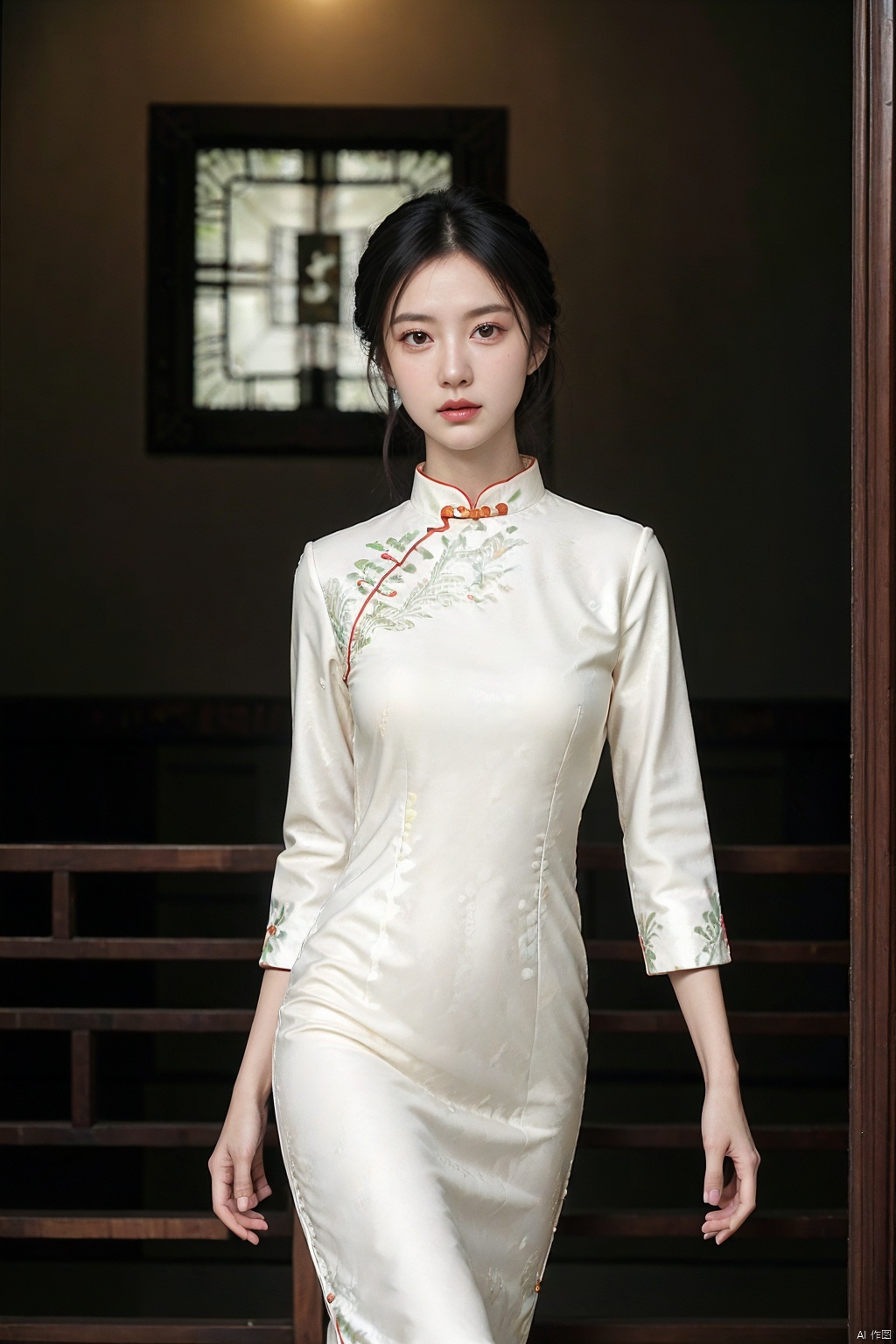 (global illumination, reality,ray tracing, HDR, unreal rendering, reasonable design, high detail, masterpiece,best quality, ultra high definition, movie lighting),
1girl,outdoor,looking_at_viewer,side_blunt_bangs,china_dress,chinese_style,big breasts,pose,solo,1girl,black hair,black eyes,  cheongsam