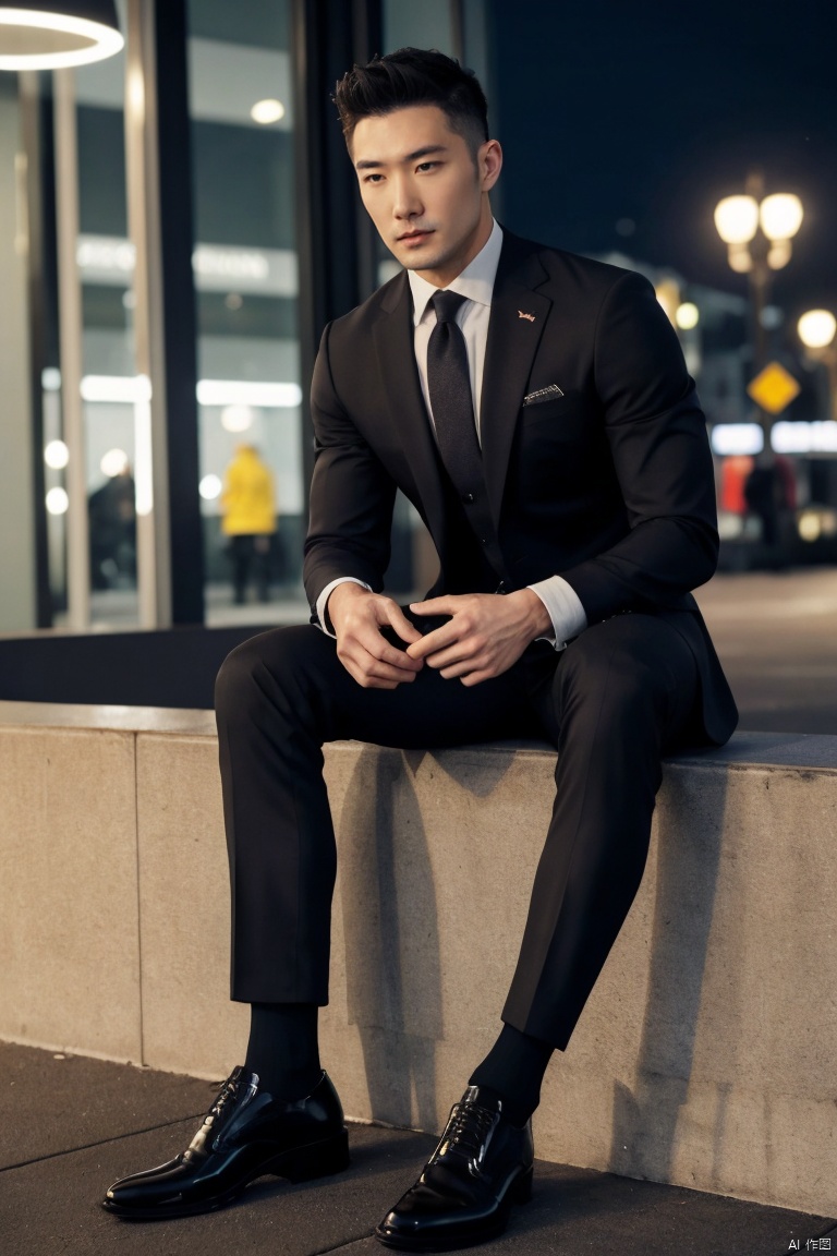  1man,fashion model,male focus,(masterpiece, realistic, best quality, highly detailed,profession),asian,exquisite facial features,handsome,deep eyes,pectorales, tight suit,belt,pants,shinny black sheer socks,footwear,Business fashion,sitting,drinking,in city,night lighting,neon,full body,from below,blurry,jzns, zjh