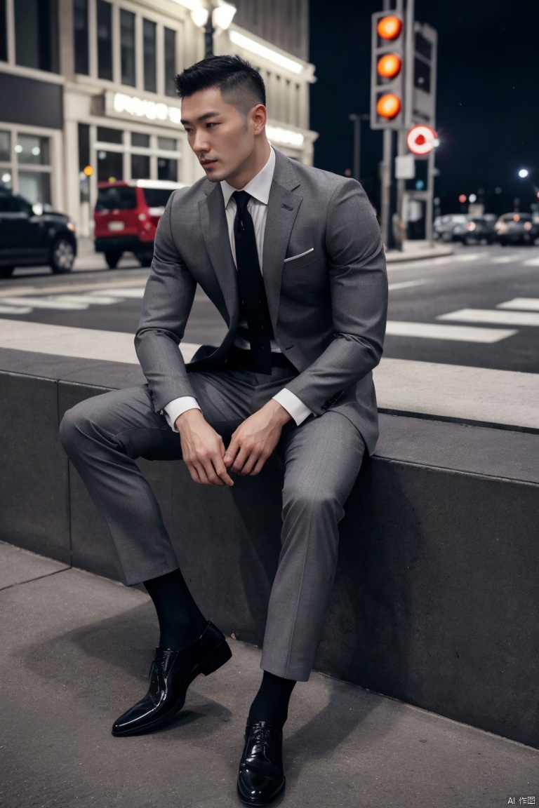  1man,fashion model,male focus,(masterpiece, realistic, best quality, highly detailed,profession),asian,exquisite facial features,handsome,deep eyes,pectorales,tight grey suit,belt,pants,shinny black sheer socks,footwear,Business fashion,sitting,in city,night lighting,neon,full body,from below,blurry,jzns, zjh