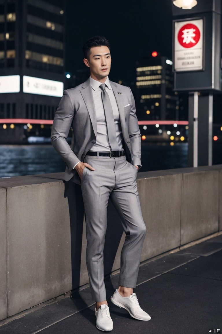  1man,fashion model,male focus,(masterpiece, realistic, best quality, highly detailed,profession),asian,exquisite facial features,handsome,deep eyes,pectorales, tight grey suit,belt,pants,shinny black sheer socks,footwear,Business fashion,dynamic pose,drinking,in city,night lighting,neon,full body,from below,blurry,jzns, zjh