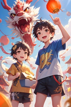 Gold coin, Paper lantern, Oriental dragon, lantern, Open your mouth., Children, Look at the viewer, Smile, Short hair, Brown hair, (1girl), Multiple boys, Hold, Short sleeves, Black eyes, Outdoor, Golden color, Shorts, Black hair, Box, The sky, blue shirt