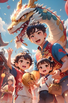 Gold coin, Paper lantern, Oriental dragon, lantern, Open your mouth., Ryuu, Children, Look at the viewer, Smile, Short hair, Brown hair, Brown eyes, Multiple children, Short sleeves, Black eyes, Outdoor, Golden color, Shorts, Black hair, Box, The sky, blue shirt,traditional costume