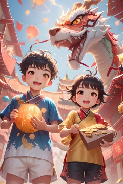  Gold coin, Paper lantern, Oriental dragon, lantern, Open your mouth., Children, Look at the viewer, Smile, Short hair, Brown hair, Brown eyes, Multiple children, Short sleeves, Black eyes, Outdoor, Golden color, Shorts, Black hair, Box, The sky, blue shirt, Traditional dress,new year