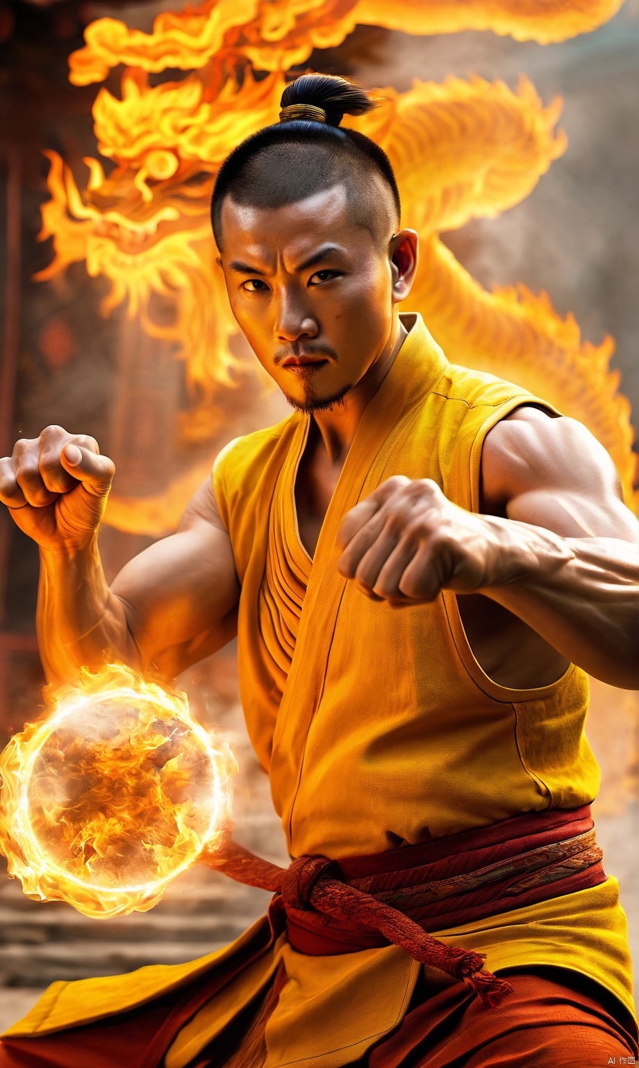 award wining professional full body fantasy portrait of fitness Chinese monk,third eye on the front:1.5),a fire dragon emerges from his fist,fire tiger,Chinese ancient style,kung-fu stance,tanned sweat realist detailed skin,imminent fight,raging opened mouth detailed face,chi,ultra detailed burning hands and fingers,high quality burning hands and fingers,(clenched fists radiate yellow light from within, transparent fist skin, veins, bones:1.6),( power aura, aura of power, distorted air around him:1.6),motion blur,movie shot,photo realism,Movie Still,Film Still,Cinematic,Cinematic Shot,Cinematic Lighting,forgotten Buddhist temple background,crazy details,movie grain,ultra high definition,cg rendering,volume lighting,unreal engine,

,Movie Still,