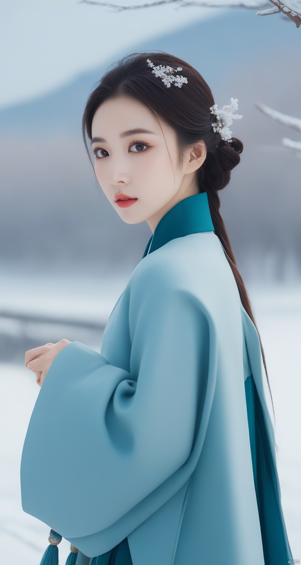  A winter fashion influencer donning a hanfu-inspired ensemble, blending traditional elements with modern trends. She poses against snowy backdrops, exuding effortless style and elegance.