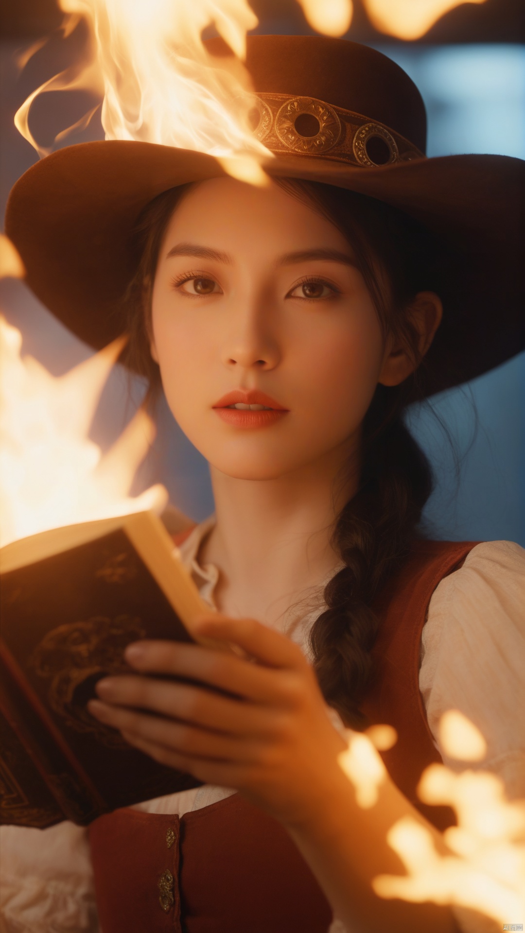  1 girl,{{Floating Fire Magic Spell and a burst of flam}},book,looking at viewer,close-up, cowboy shot,cinematic lighting, volume lighting, light particlestachie,dynamic angle ,ray tracing,, best quality, amazing quality, very aesthetic, absurdres