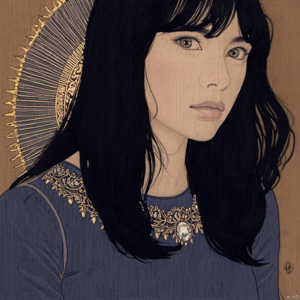1girl, solo, long_hair, looking_at_viewer, bangs, simple_background, shirt, black_hair, long_sleeves, jewelry, upper_body, necklace, mole, lips, parted_lips, black_eyes, mole_under_mouth, grey_shirt, blinds, a portrait of a woman with long and dark hair, She has a serene expression and is gazing directly at the viewer, The woman is wearing a blue top with intricate golden embroidery around the neckline, The background is a muted brown and there's a halo-like pattern radiating from behind her head, The artwork appears to be a detailed illustration possibly created using colored pencils or ink, woman, long, dark, hair, serene, expression, gazing, viewer, blue, top, golden, embroidery, neckline, muted, brown, halo-like, pattern, colored pencils' and or 'ink