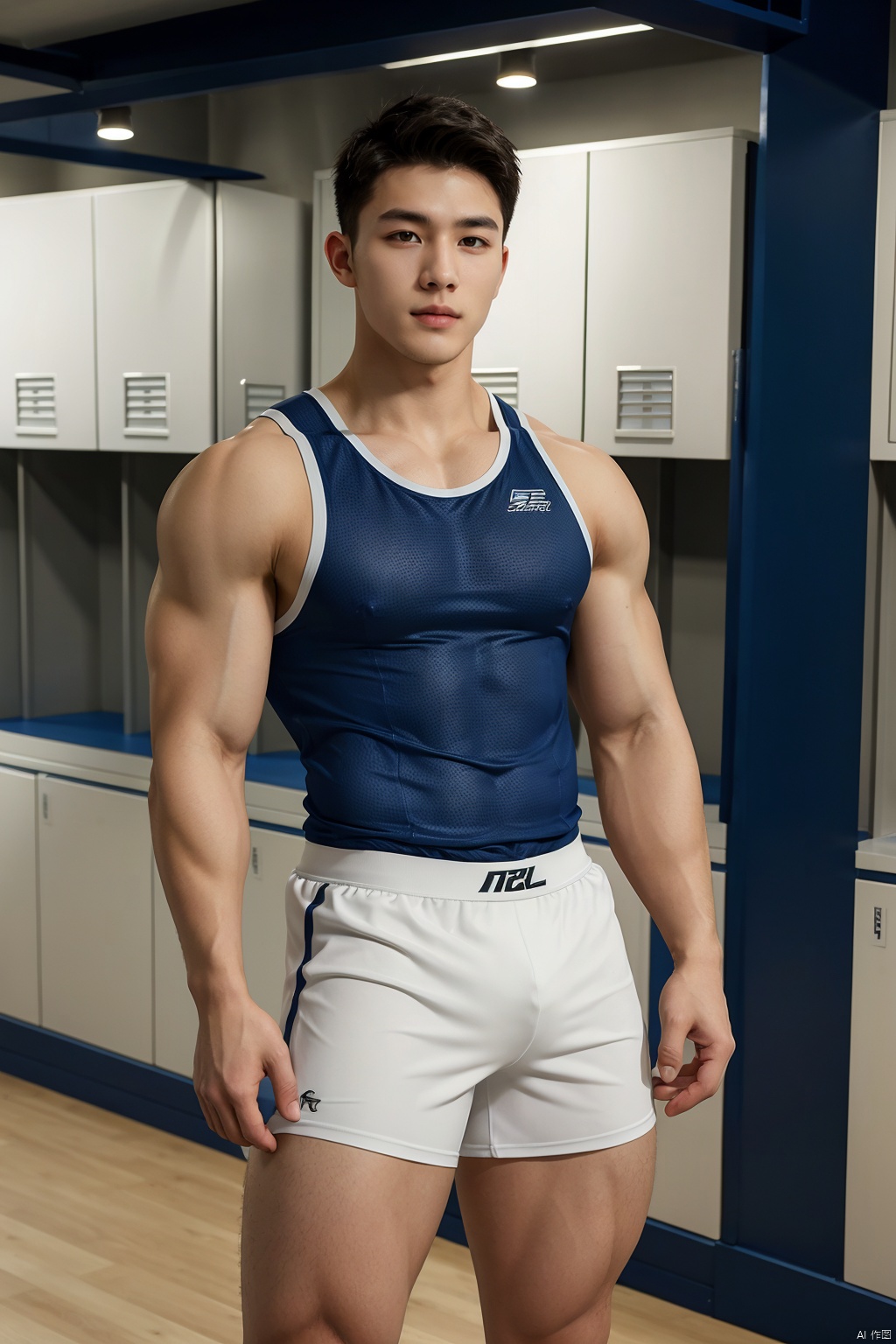 masterpiece, 1 boy, Look at me, Handsome, Muscular development, Sports vest, Shorts, Indoor, Locker Room, textured skin, super detail, best quality,