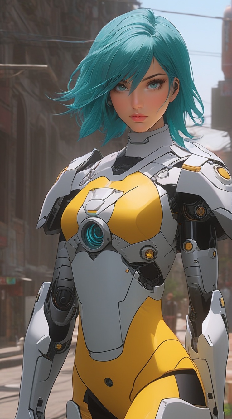 Highly detailed portrait of a cyborg girl standing in teh city street,  20yo,  clear facial features on Tensor.Art