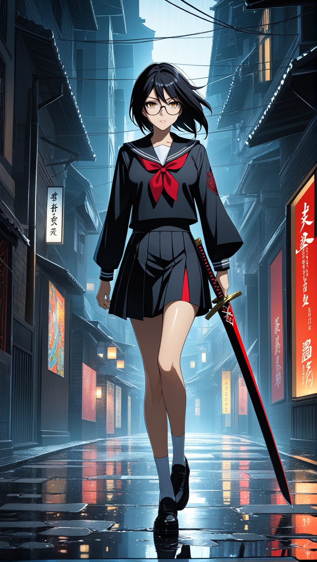 Hyper-Detailed Anime of vampire slayer Saya,  wearing sailor-style high school uniform,  miniskirt on Tensor.Art