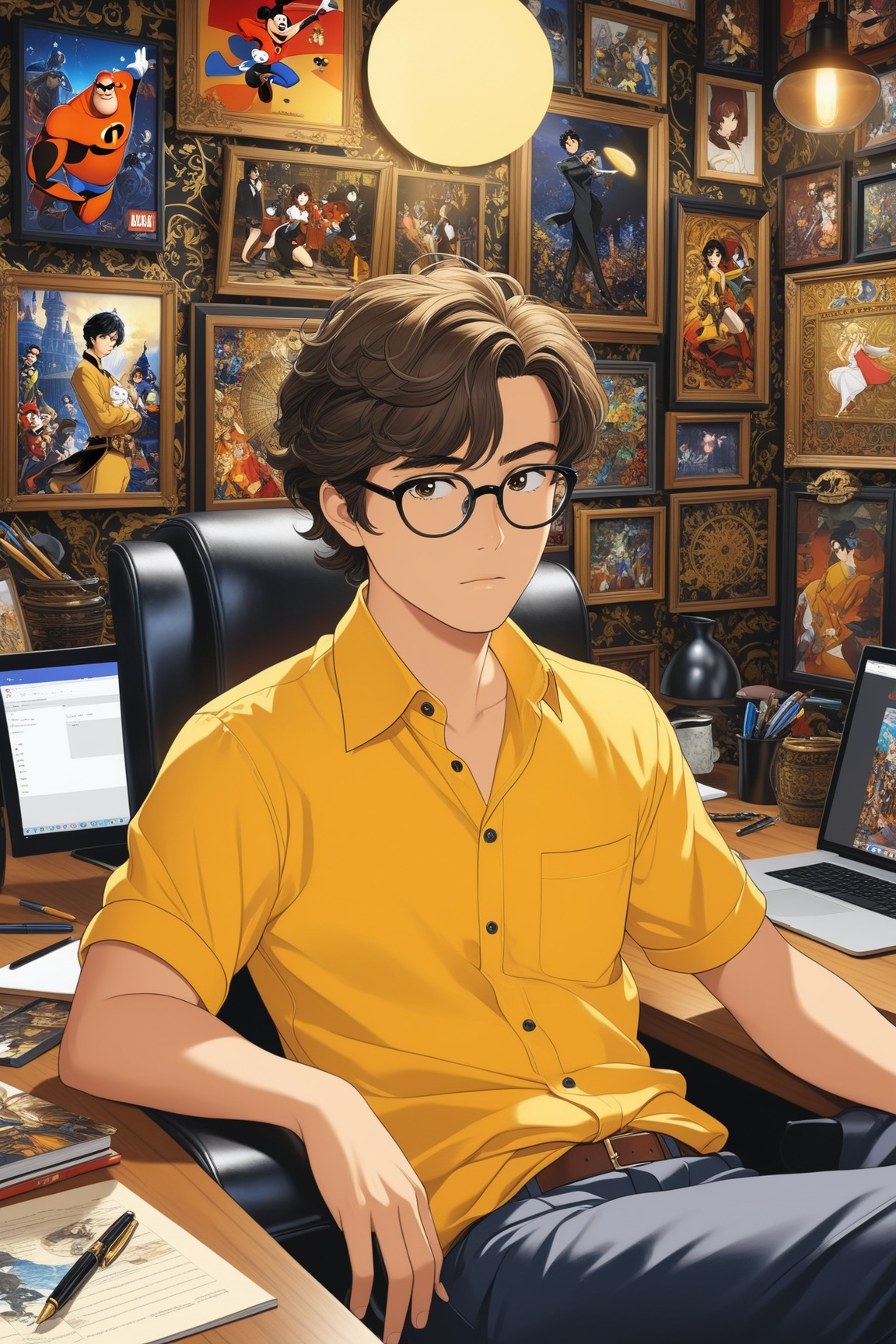 Highly detailed anime of a young businessmansitting in front of a computer in his office,  looking very sleepy,  short bro...