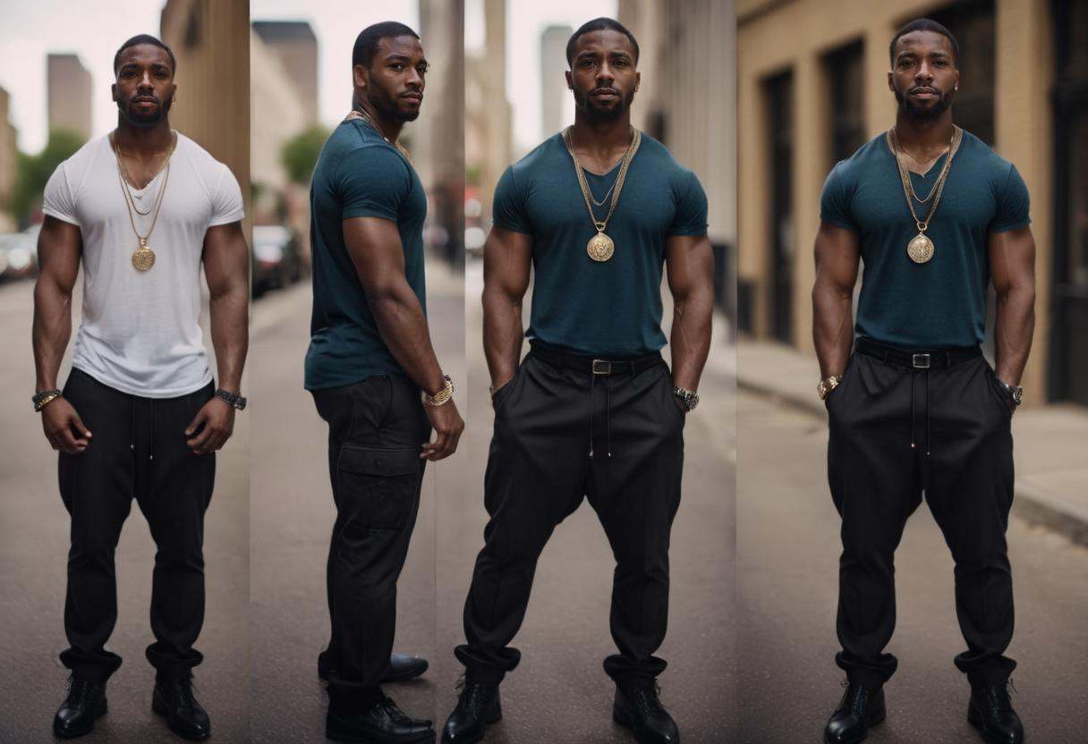 cinematic film still multiple views,  a black man,  pants on Tensor.Art