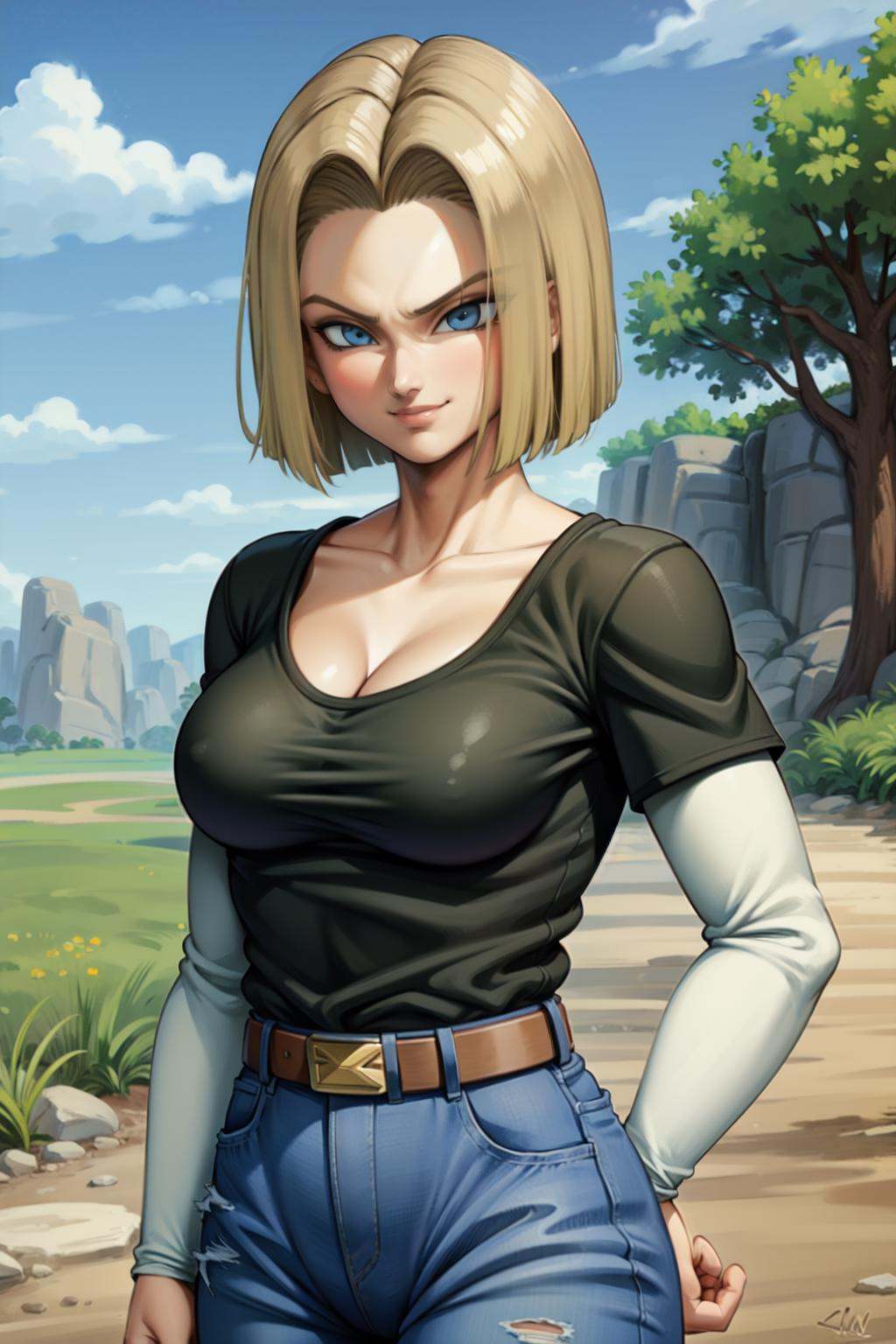 blue sky,  rocky grassfields,  1girl by IndolentCat on Tensor.Art