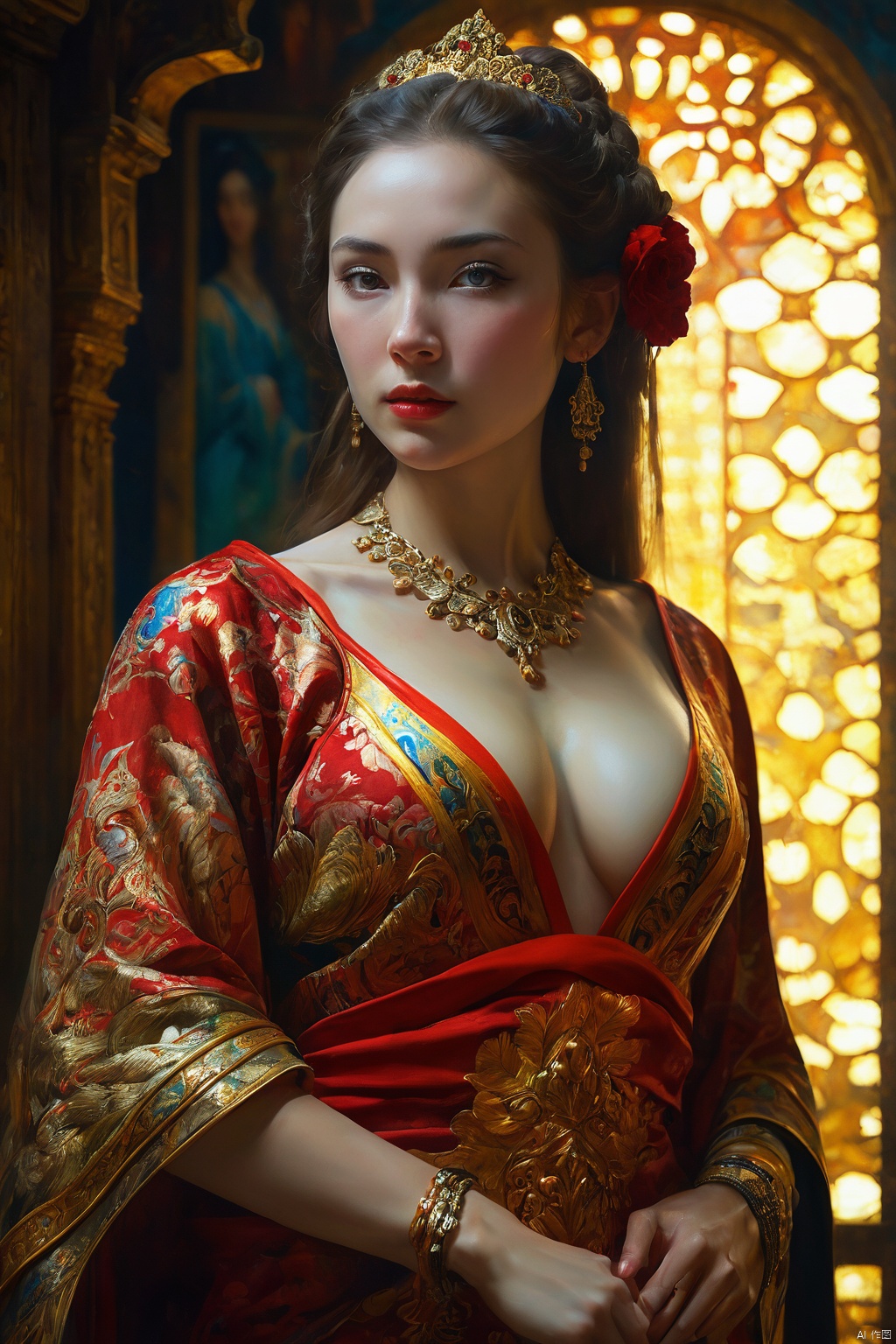 portrait half body female Russian concubine with slim curvy body painting by gaston bussiere,  greg rutkowski,  yoji shink...