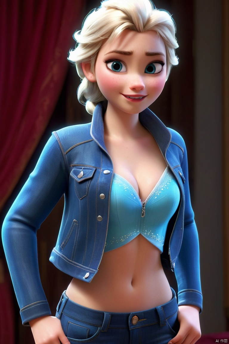 18yo shy woman,  princess elsa,  open denim jacket on Tensor.Art