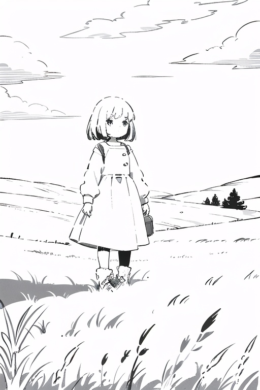 girl standing in a grass field,  lineart,  monochome on Tensor.Art