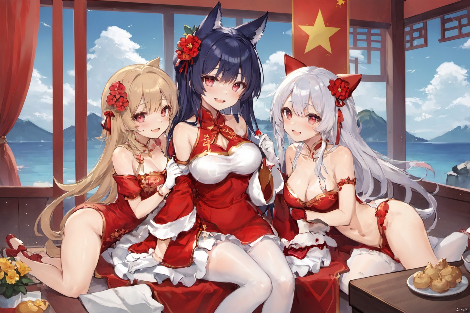 Spring Festival long hair,  breasts,  looking at viewer on Tensor.Art