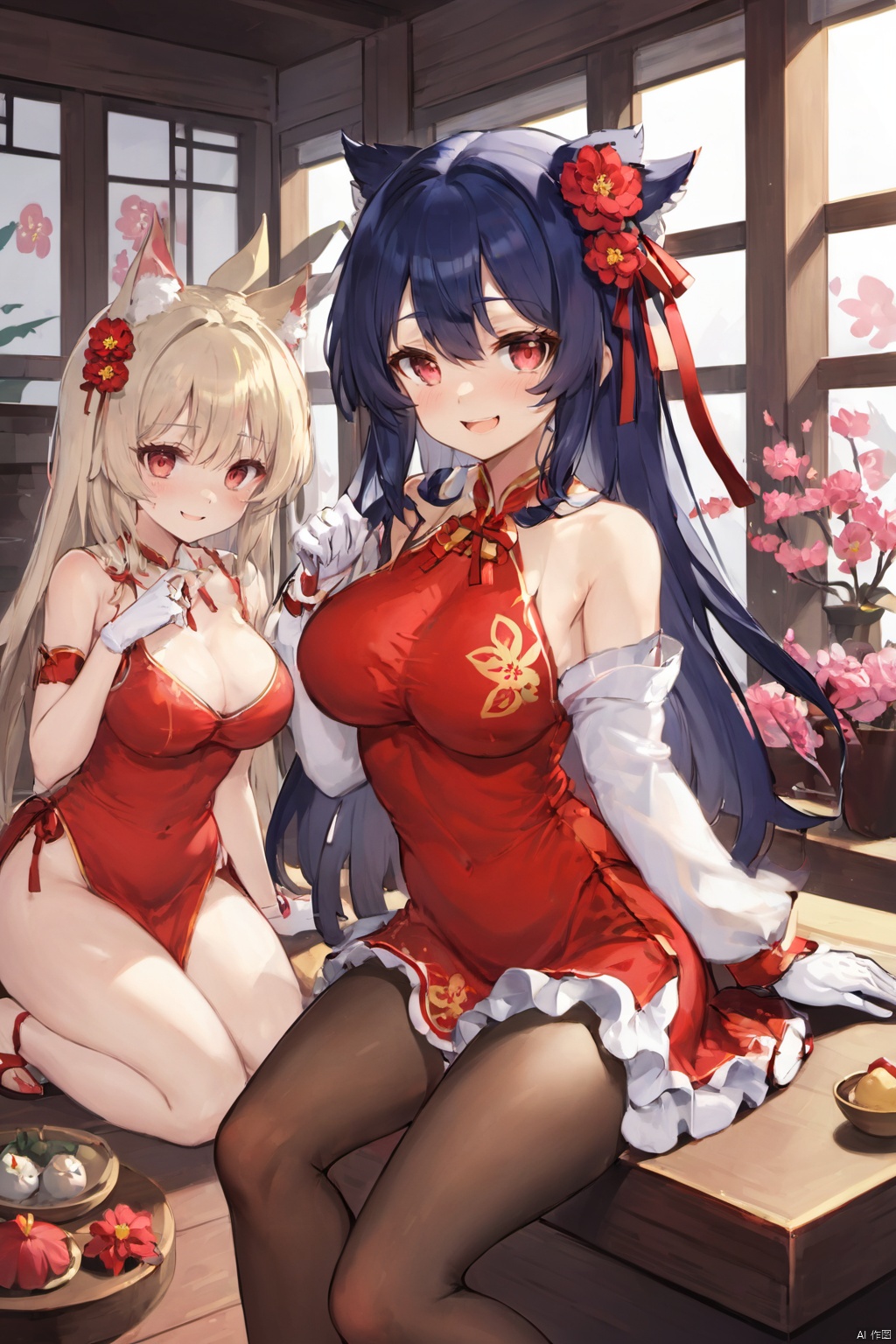 Spring Festival long hair,  breasts,  looking at viewer on Tensor.Art