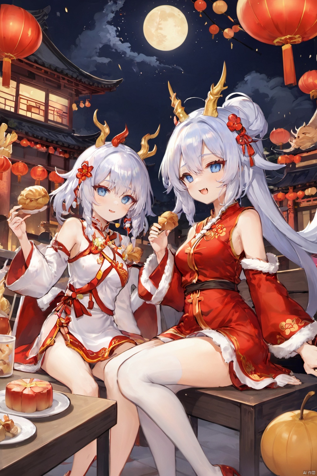 Spring Festival
long hair, looking at viewer, blue eyes, multiple girls, hair ornament, dress, 2girls, sitting, tail, white hair, pantyhose, hairband, food, horns, hair bun, official alternate costume, v, double bun, wariza, eating, table, red footwear, plate, dragon horns, dragon girl, dragon tail, fireworks, east asian architecture, chinese new year, manjuu \(azur lane\)