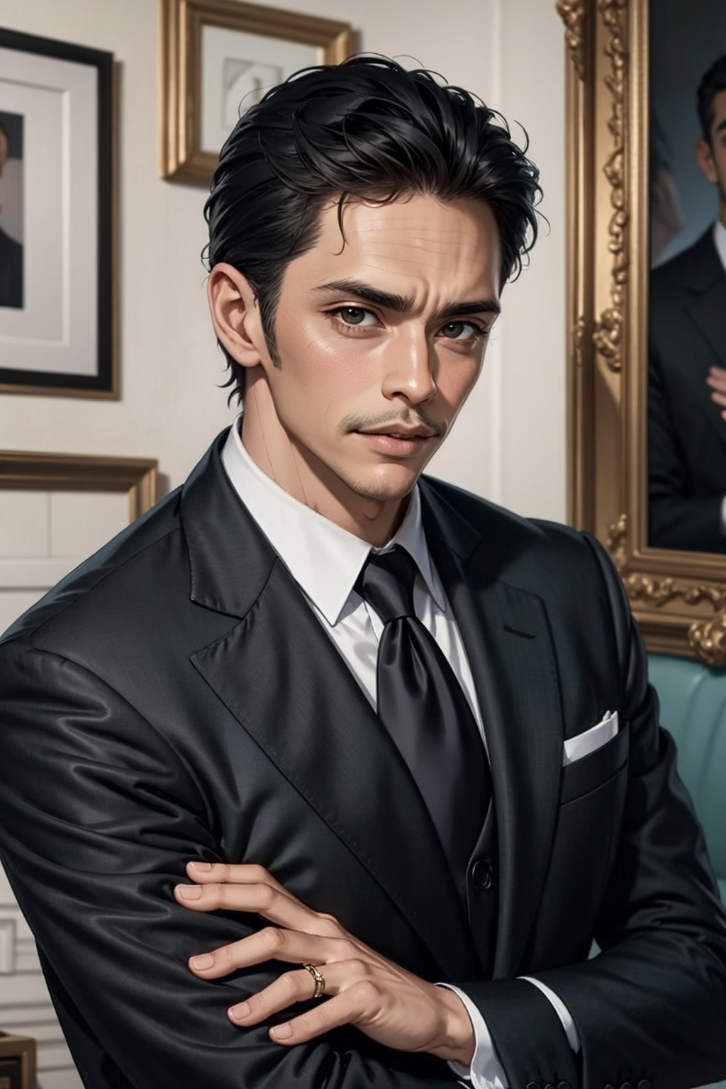 Realistic,  a half body Portrait of handsome Men ,  Pastel black outfit on Tensor.Art