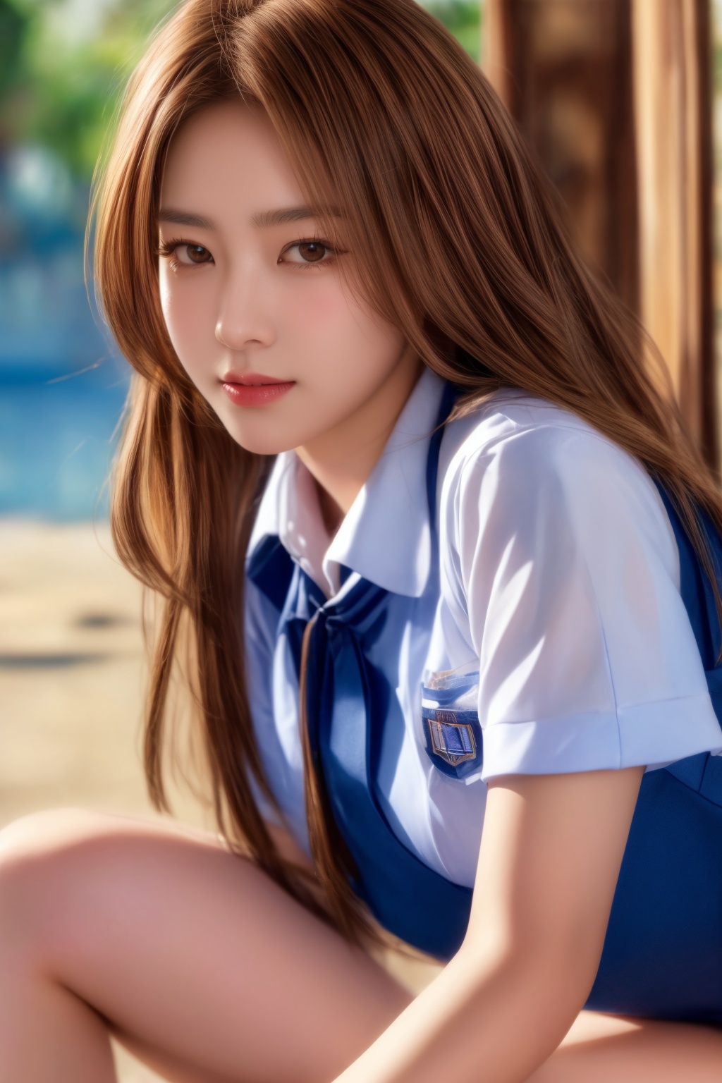 village girl wearing school uniform,  light golden-brown hairs,  smily face on Tensor.Art