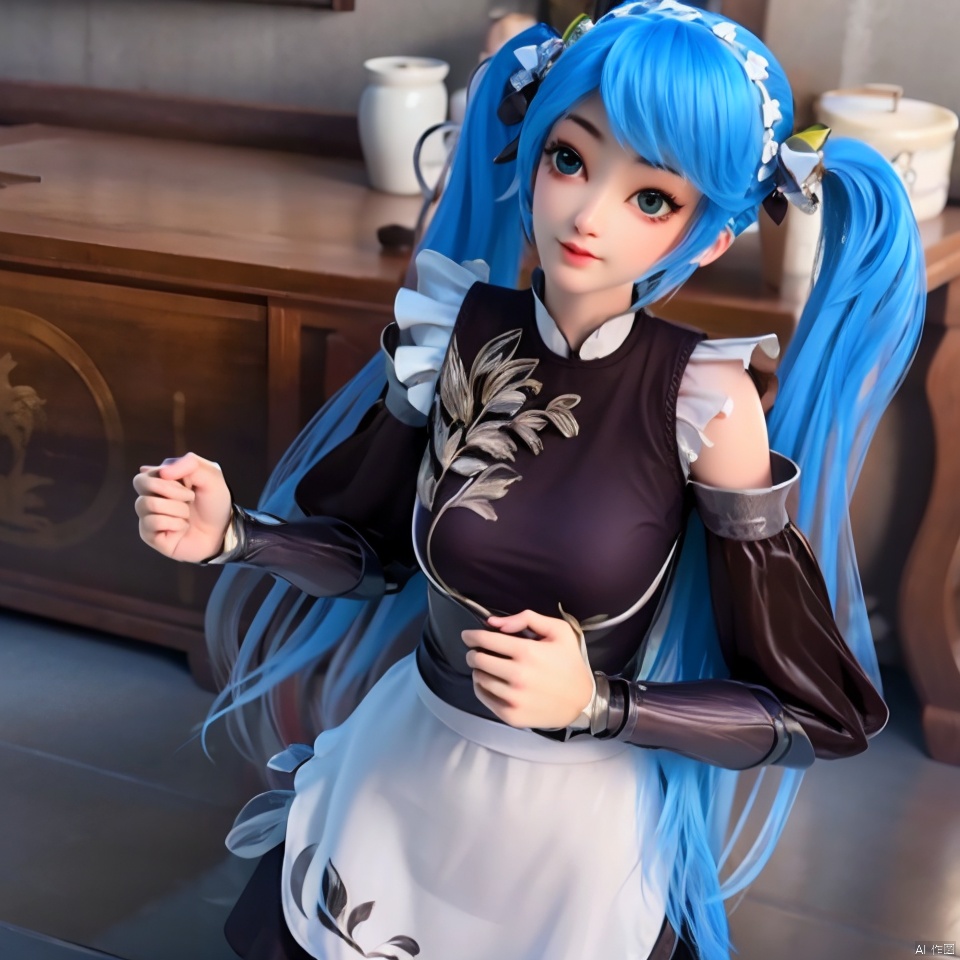 1girl, solo, long hair, smile, blue eyes, twintails, very long hair, blue hair, detached sleeves, indoors, apron, lips, maid, maid headdress, cosplay, realistic,
A large chest,
White stockings,