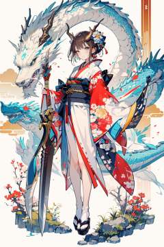 (masterpiece:1.2),best quality,PIXIV,Dragon and girl, 1girl, dragon, weapon, eastern dragon, arrow \(projectile\), bow \(weapon\), japanese clothes, flower, holding, brown hair, short hair, sash, hair ornament, standing, quiver, holding bow \(weapon\), wide sleeves, holding weapon, kimono, long sleeves, obi, horns<lora:Dragon and girl_20240205103724-000018:0.8>,