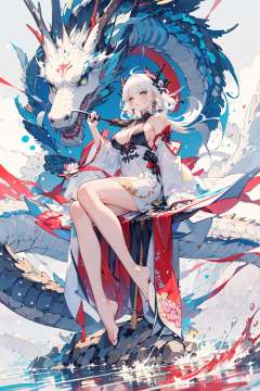 Dragon and girl,1girl,umbrella,holding umbrella,breasts,holding,long hair,barefoot,solo,bare shoulders,white hair,monster,oil-paper umbrella,glowing,floating,long sleeves,large breasts,dress,looking at viewer,bangs,wide sleeves,white dress,<lora:Dragon and girl_20240205103724-000018:0.8>,
